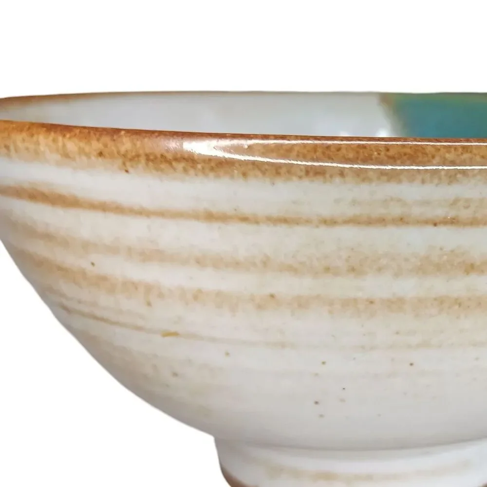 Studio Pottery Bowl Cream Green Blue Tan Signed Harris Ramen Rice Noodle Bowl